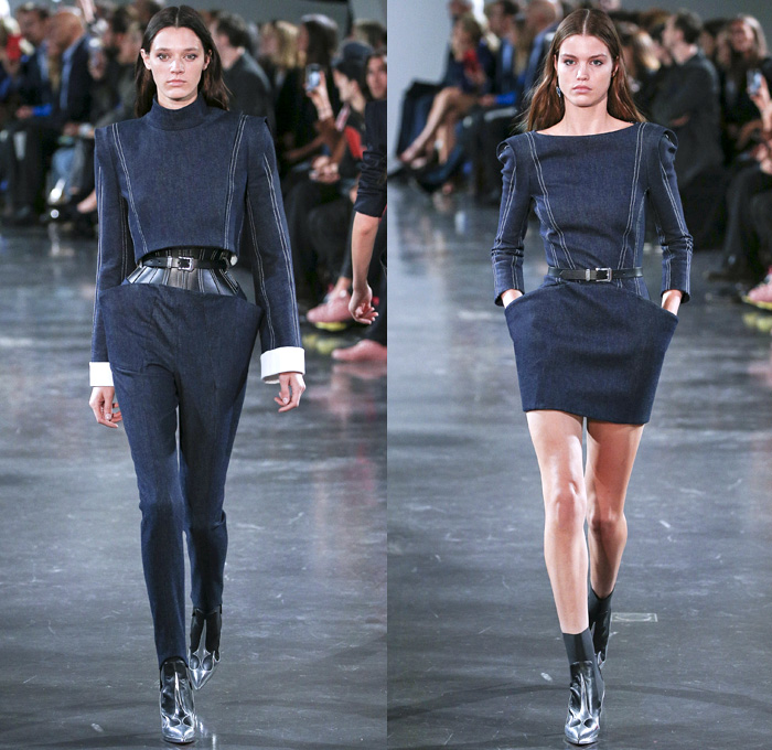 Mugler 2018 Spring Summer Womens Runway Catwalk Looks - Mode à Paris Fashion Week Mode Féminin France - Les Pétroleuses Spaghetti Western Corset Blazer Jean Jacket Denim Trousers Wide Butterfly Pockets Miniskirt Sheer Chiffon Tulle Goddess Gown Cutout Shoulders Mirrors Decorated Appliqués Bedazzled Halterneck Crop Top Midriff Bralette Blouse Strapless Playsuit Onesie Swimsuit Shorts Whipcord Cowgirl Boots Heels Pumps Lace Up Drawstring Tiles