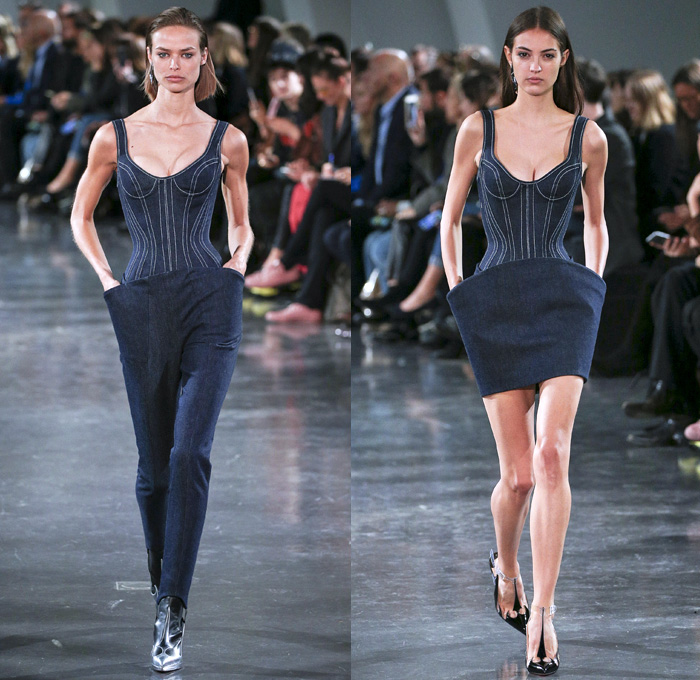 Mugler 2018 Spring Summer Womens Runway Catwalk Looks - Mode à Paris Fashion Week Mode Féminin France - Les Pétroleuses Spaghetti Western Corset Blazer Jean Jacket Denim Trousers Wide Butterfly Pockets Miniskirt Sheer Chiffon Tulle Goddess Gown Cutout Shoulders Mirrors Decorated Appliqués Bedazzled Halterneck Crop Top Midriff Bralette Blouse Strapless Playsuit Onesie Swimsuit Shorts Whipcord Cowgirl Boots Heels Pumps Lace Up Drawstring Tiles