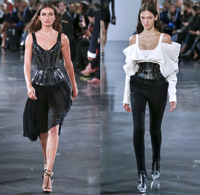 Mugler 2018 Spring Summer Womens Runway Catwalk Looks - Mode à Paris Fashion Week Mode Féminin France - Les Pétroleuses Spaghetti Western Corset Blazer Jean Jacket Denim Trousers Wide Butterfly Pockets Miniskirt Sheer Chiffon Tulle Goddess Gown Cutout Shoulders Mirrors Decorated Appliqués Bedazzled Halterneck Crop Top Midriff Bralette Blouse Strapless Playsuit Onesie Swimsuit Shorts Whipcord Cowgirl Boots Heels Pumps Lace Up Drawstring Tiles