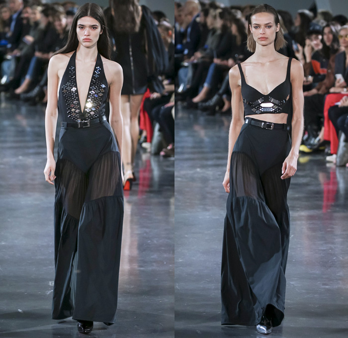 Mugler 2018 Spring Summer Womens Runway Catwalk Looks - Mode à Paris Fashion Week Mode Féminin France - Les Pétroleuses Spaghetti Western Corset Blazer Jean Jacket Denim Trousers Wide Butterfly Pockets Miniskirt Sheer Chiffon Tulle Goddess Gown Cutout Shoulders Mirrors Decorated Appliqués Bedazzled Halterneck Crop Top Midriff Bralette Blouse Strapless Playsuit Onesie Swimsuit Shorts Whipcord Cowgirl Boots Heels Pumps Lace Up Drawstring Tiles