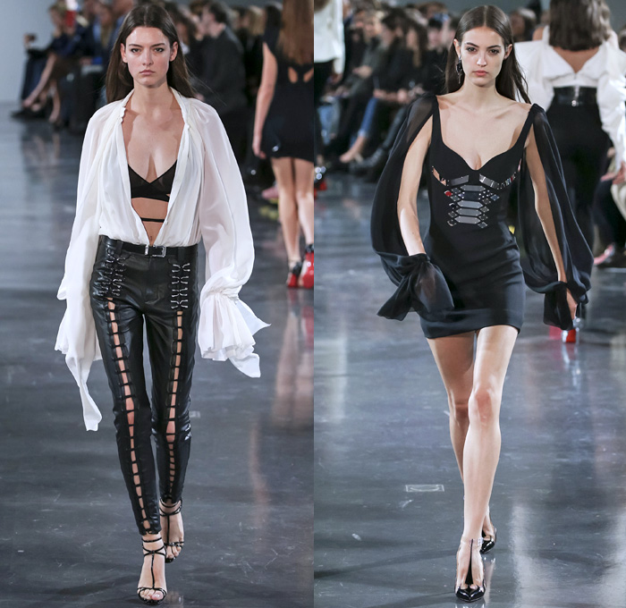 Mugler 2018 Spring Summer Womens Runway Catwalk Looks - Mode à Paris Fashion Week Mode Féminin France - Les Pétroleuses Spaghetti Western Corset Blazer Jean Jacket Denim Trousers Wide Butterfly Pockets Miniskirt Sheer Chiffon Tulle Goddess Gown Cutout Shoulders Mirrors Decorated Appliqués Bedazzled Halterneck Crop Top Midriff Bralette Blouse Strapless Playsuit Onesie Swimsuit Shorts Whipcord Cowgirl Boots Heels Pumps Lace Up Drawstring Tiles