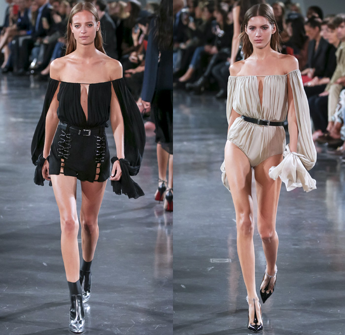 Mugler 2018 Spring Summer Womens Runway Catwalk Looks - Mode à Paris Fashion Week Mode Féminin France - Les Pétroleuses Spaghetti Western Corset Blazer Jean Jacket Denim Trousers Wide Butterfly Pockets Miniskirt Sheer Chiffon Tulle Goddess Gown Cutout Shoulders Mirrors Decorated Appliqués Bedazzled Halterneck Crop Top Midriff Bralette Blouse Strapless Playsuit Onesie Swimsuit Shorts Whipcord Cowgirl Boots Heels Pumps Lace Up Drawstring Tiles