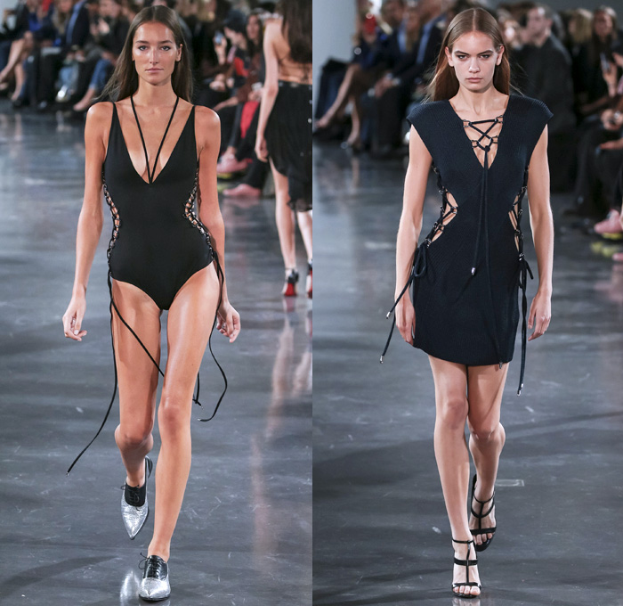 Mugler 2018 Spring Summer Womens Runway Catwalk Looks - Mode à Paris Fashion Week Mode Féminin France - Les Pétroleuses Spaghetti Western Corset Blazer Jean Jacket Denim Trousers Wide Butterfly Pockets Miniskirt Sheer Chiffon Tulle Goddess Gown Cutout Shoulders Mirrors Decorated Appliqués Bedazzled Halterneck Crop Top Midriff Bralette Blouse Strapless Playsuit Onesie Swimsuit Shorts Whipcord Cowgirl Boots Heels Pumps Lace Up Drawstring Tiles