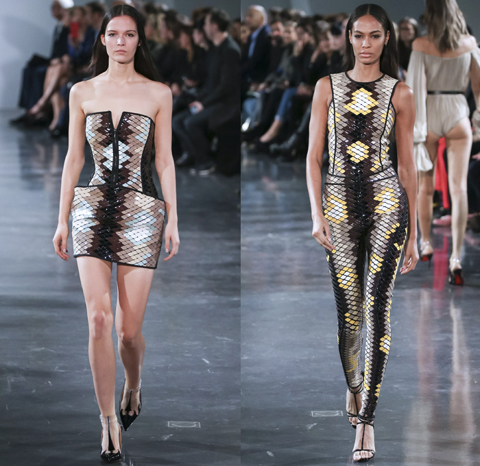 Mugler 2018 Spring Summer Womens Runway Catwalk Looks - Mode à Paris Fashion Week Mode Féminin France - Les Pétroleuses Spaghetti Western Corset Blazer Jean Jacket Denim Trousers Wide Butterfly Pockets Miniskirt Sheer Chiffon Tulle Goddess Gown Cutout Shoulders Mirrors Decorated Appliqués Bedazzled Halterneck Crop Top Midriff Bralette Blouse Strapless Playsuit Onesie Swimsuit Shorts Whipcord Cowgirl Boots Heels Pumps Lace Up Drawstring Tiles