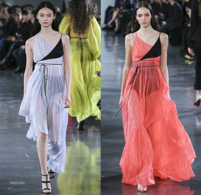 Mugler 2018 Spring Summer Womens Runway Catwalk Looks - Mode à Paris Fashion Week Mode Féminin France - Les Pétroleuses Spaghetti Western Corset Blazer Jean Jacket Denim Trousers Wide Butterfly Pockets Miniskirt Sheer Chiffon Tulle Goddess Gown Cutout Shoulders Mirrors Decorated Appliqués Bedazzled Halterneck Crop Top Midriff Bralette Blouse Strapless Playsuit Onesie Swimsuit Shorts Whipcord Cowgirl Boots Heels Pumps Lace Up Drawstring Tiles