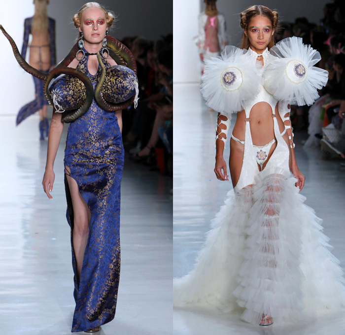 Namilia 2018 Spring Summer Womens Runway Catwalk Looks - New York Fashion Week NYFW - The Indiscreet Jewels Asian Renaissance Vagina Pussy Motif Octopus Arms Oversized Balls Breasts Mermaid Tail Dress Gown Eveningwear Masquerade Crinoline Ruffles One Shoulder Bell Sleeves Bikini Bralette Embroidery Appliqués Bedazzled Pearls Bees Shorts Mesh Straps Jacquard Sheer Chiffon Tulle Lace Up Cutout Waist Drapery Silk Satin Pinstripe Silver Flowers Floral Cape Fringes Blazer Headwear Colored Sunglasses