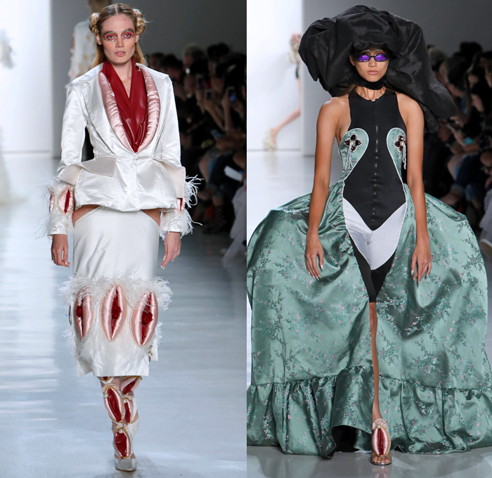 Namilia 2018 Spring Summer Womens Runway Catwalk Looks - New York Fashion Week NYFW - The Indiscreet Jewels Asian Renaissance Vagina Pussy Motif Octopus Arms Oversized Balls Breasts Mermaid Tail Dress Gown Eveningwear Masquerade Crinoline Ruffles One Shoulder Bell Sleeves Bikini Bralette Embroidery Appliqués Bedazzled Pearls Bees Shorts Mesh Straps Jacquard Sheer Chiffon Tulle Lace Up Cutout Waist Drapery Silk Satin Pinstripe Silver Flowers Floral Cape Fringes Blazer Headwear Colored Sunglasses