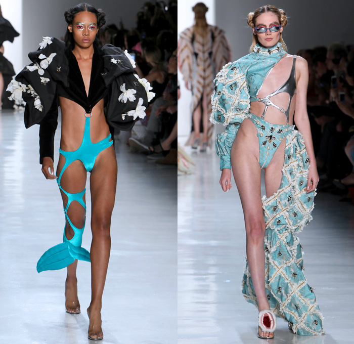 Namilia 2018 Spring Summer Womens Runway Catwalk Looks - New York Fashion Week NYFW - The Indiscreet Jewels Asian Renaissance Vagina Pussy Motif Octopus Arms Oversized Balls Breasts Mermaid Tail Dress Gown Eveningwear Masquerade Crinoline Ruffles One Shoulder Bell Sleeves Bikini Bralette Embroidery Appliqués Bedazzled Pearls Bees Shorts Mesh Straps Jacquard Sheer Chiffon Tulle Lace Up Cutout Waist Drapery Silk Satin Pinstripe Silver Flowers Floral Cape Fringes Blazer Headwear Colored Sunglasses