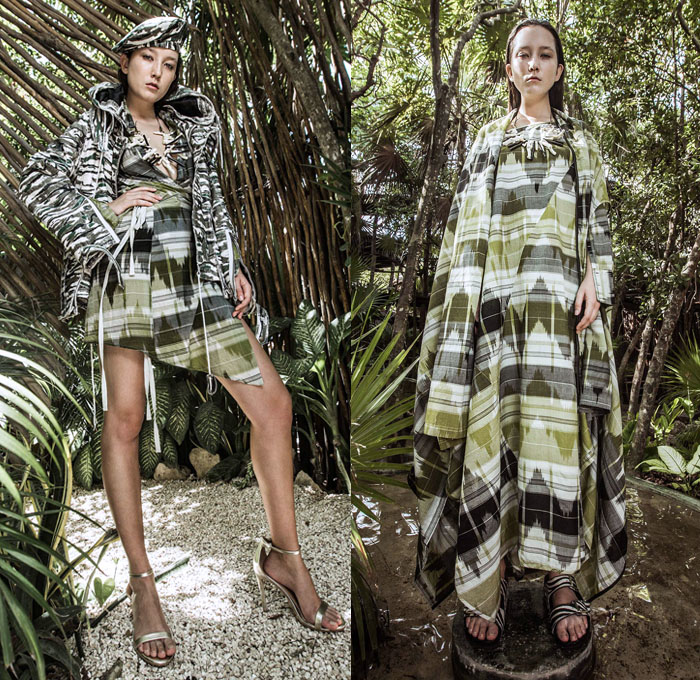 Nicholas K 2018 Spring Summer Womens Lookbook Presentation - New York Fashion Week NYFW - Azulik Tulum Mexico Organic Cotton Linen Zebra Animal Stripes Jungle Tie Up Waist Knot Silk Sheen Metallic Gold Military Green Wrap Around Outerwear Trench Coat Motorcycle Biker Jacket Shirtdress Caftan Knit Sweater Long Sleeve Blouse Drapery Nylon Camouflage Maxi Dress Slit Hem Moto Pants Cargo Pockets Low Crotch Shorts Mullet Hem Necklace Tribal Pumps Heels Visor Neck Flap Sandals Beret