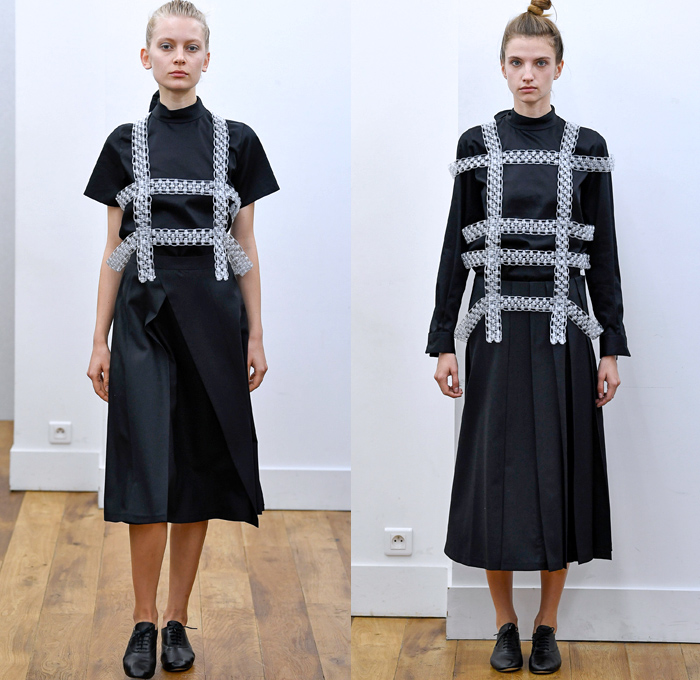 Noir Kei Ninomiya 2018 Spring Summer Womens Lookbook Presentation - Mode à Paris Fashion Week Mode Féminin France - Dimensional Structural Organic Shape Sculpture PVC Vinyl Gauze Mesh Harness Knit Sweater Weave Belts Straps Accordion Pleats Leg O'Mutton Sleeves Satin Mesh Lattice Grommets Mockneck Decorative Art Vines Embroidery Foliage Coat Motorcycle Biker Jacket Decorated 3D Flowers Sheer Chiffon Tulle Tutu Honeycomb Ruffles Strapless Dress Blouse Skirt Black White Shower Cap