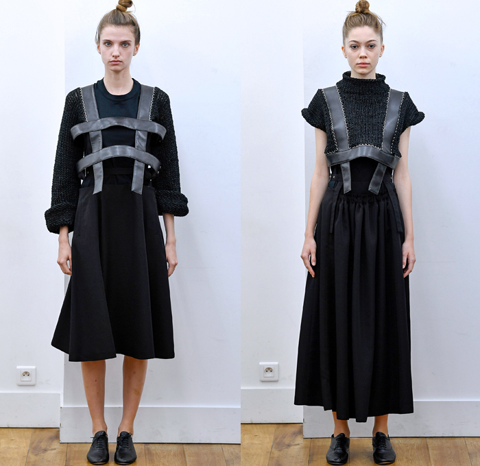 Noir Kei Ninomiya 2018 Spring Summer Womens Lookbook Presentation - Mode à Paris Fashion Week Mode Féminin France - Dimensional Structural Organic Shape Sculpture PVC Vinyl Gauze Mesh Harness Knit Sweater Weave Belts Straps Accordion Pleats Leg O'Mutton Sleeves Satin Mesh Lattice Grommets Mockneck Decorative Art Vines Embroidery Foliage Coat Motorcycle Biker Jacket Decorated 3D Flowers Sheer Chiffon Tulle Tutu Honeycomb Ruffles Strapless Dress Blouse Skirt Black White Shower Cap