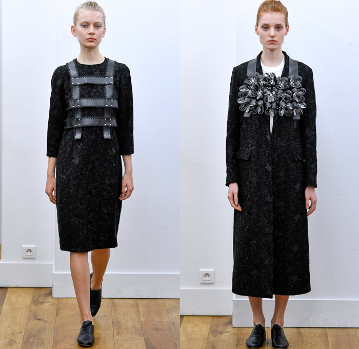 Noir Kei Ninomiya 2018 Spring Summer Womens Lookbook Presentation - Mode à Paris Fashion Week Mode Féminin France - Dimensional Structural Organic Shape Sculpture PVC Vinyl Gauze Mesh Harness Knit Sweater Weave Belts Straps Accordion Pleats Leg O'Mutton Sleeves Satin Mesh Lattice Grommets Mockneck Decorative Art Vines Embroidery Foliage Coat Motorcycle Biker Jacket Decorated 3D Flowers Sheer Chiffon Tulle Tutu Honeycomb Ruffles Strapless Dress Blouse Skirt Black White Shower Cap