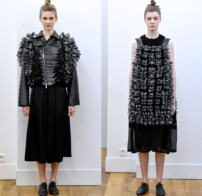 Noir Kei Ninomiya 2018 Spring Summer Womens Lookbook Presentation - Mode à Paris Fashion Week Mode Féminin France - Dimensional Structural Organic Shape Sculpture PVC Vinyl Gauze Mesh Harness Knit Sweater Weave Belts Straps Accordion Pleats Leg O'Mutton Sleeves Satin Mesh Lattice Grommets Mockneck Decorative Art Vines Embroidery Foliage Coat Motorcycle Biker Jacket Decorated 3D Flowers Sheer Chiffon Tulle Tutu Honeycomb Ruffles Strapless Dress Blouse Skirt Black White Shower Cap