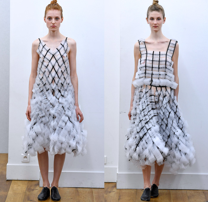 Noir Kei Ninomiya 2018 Spring Summer Womens Lookbook Presentation - Mode à Paris Fashion Week Mode Féminin France - Dimensional Structural Organic Shape Sculpture PVC Vinyl Gauze Mesh Harness Knit Sweater Weave Belts Straps Accordion Pleats Leg O'Mutton Sleeves Satin Mesh Lattice Grommets Mockneck Decorative Art Vines Embroidery Foliage Coat Motorcycle Biker Jacket Decorated 3D Flowers Sheer Chiffon Tulle Tutu Honeycomb Ruffles Strapless Dress Blouse Skirt Black White Shower Cap