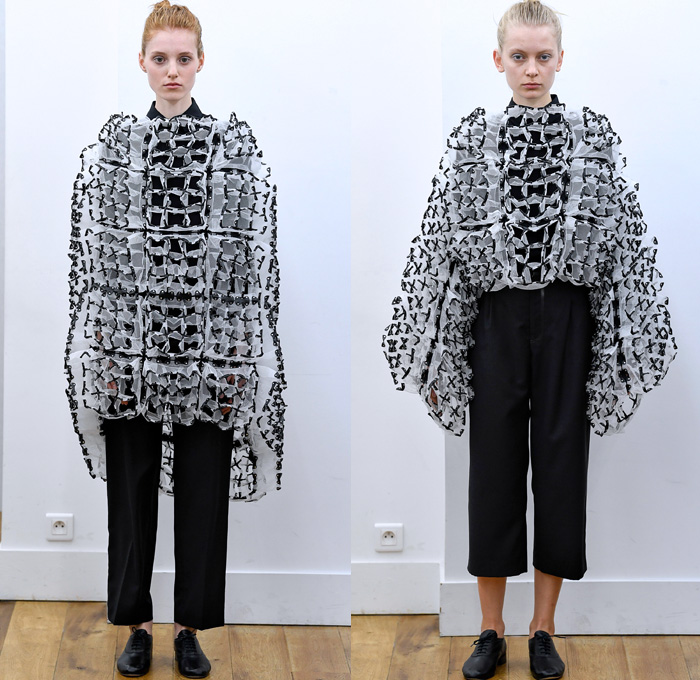 Noir Kei Ninomiya 2018 Spring Summer Womens Lookbook Presentation - Mode à Paris Fashion Week Mode Féminin France - Dimensional Structural Organic Shape Sculpture PVC Vinyl Gauze Mesh Harness Knit Sweater Weave Belts Straps Accordion Pleats Leg O'Mutton Sleeves Satin Mesh Lattice Grommets Mockneck Decorative Art Vines Embroidery Foliage Coat Motorcycle Biker Jacket Decorated 3D Flowers Sheer Chiffon Tulle Tutu Honeycomb Ruffles Strapless Dress Blouse Skirt Black White Shower Cap