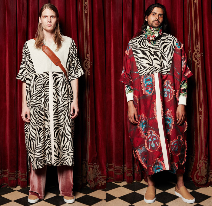 Palmiers du Mal 2018 Spring Summer Mens Lookbook Presentation - New York Fashion Week Mens - South African Masks Folk Ethnic Tribal Safari Animal Stripes Zebra Jungle Shirtdress Kaftan Sleepwear Pajamas Lounge Velvet Fleece Drawstring Frayed Raw Hem Dalmatian Spots Tropical Palm Leaves Fauna Foliage Flowers Floral Botanical Print Graphic Motif Outerwear Capelet Long Sleeve Buttoned Shirt Robe Tuxedo Jacket Pants Trousers Jogger Sweatpants Sandals Slippers Sneakers Bucket Bag