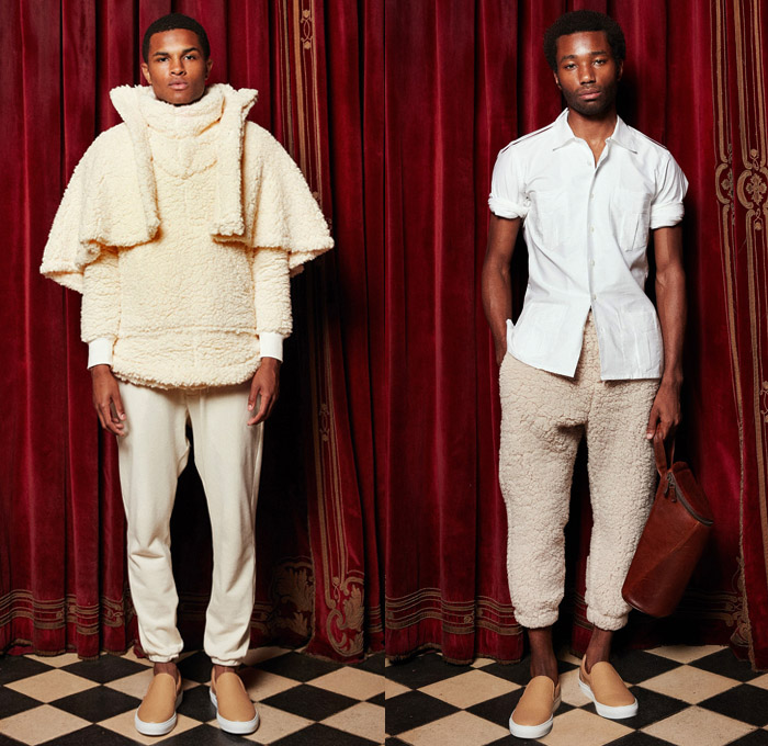 Palmiers du Mal 2018 Spring Summer Mens Lookbook Presentation - New York Fashion Week Mens - South African Masks Folk Ethnic Tribal Safari Animal Stripes Zebra Jungle Shirtdress Kaftan Sleepwear Pajamas Lounge Velvet Fleece Drawstring Frayed Raw Hem Dalmatian Spots Tropical Palm Leaves Fauna Foliage Flowers Floral Botanical Print Graphic Motif Outerwear Capelet Long Sleeve Buttoned Shirt Robe Tuxedo Jacket Pants Trousers Jogger Sweatpants Sandals Slippers Sneakers Bucket Bag