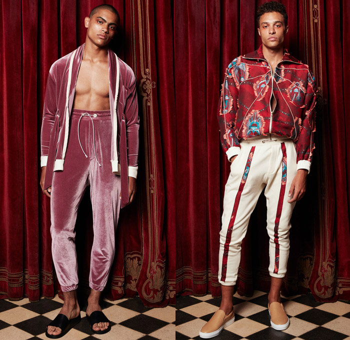 Palmiers du Mal 2018 Spring Summer Mens Lookbook Presentation - New York Fashion Week Mens - South African Masks Folk Ethnic Tribal Safari Animal Stripes Zebra Jungle Shirtdress Kaftan Sleepwear Pajamas Lounge Velvet Fleece Drawstring Frayed Raw Hem Dalmatian Spots Tropical Palm Leaves Fauna Foliage Flowers Floral Botanical Print Graphic Motif Outerwear Capelet Long Sleeve Buttoned Shirt Robe Tuxedo Jacket Pants Trousers Jogger Sweatpants Sandals Slippers Sneakers Bucket Bag