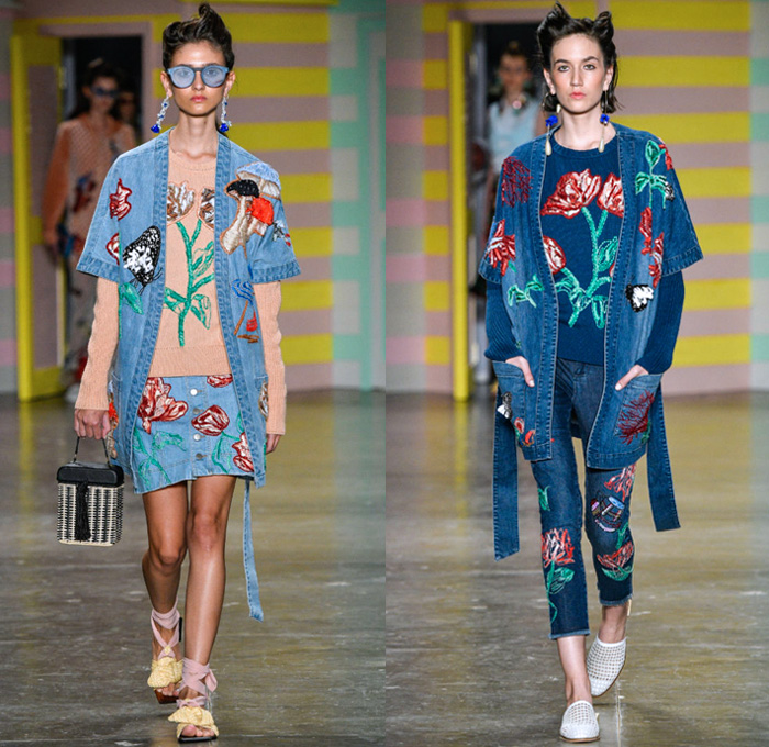 PatBo by Patricia Bonaldi 2018 Summer Womens Runway Catwalk Looks - São Paulo Fashion Week N44 Verão 2018 Brasil Southern Hemisphere Moda Desfiles - 1920s Twenties Beach Denim Jeans Robe Kimono Wrap Patches Tulips Flowers Floral Mushrooms Butterflies Birds Flying Fish Embroidery Coatdress Bomber Jacket Sweatshirt Sweater Fringes Tie Up Knot Ribbon Cross Halterneck Mesh Knit Crochet Lace Maxi Dress Gown Eveningwear Peplum One Shoulder Noodle Strap Velvet Jogger Sweatpants Plaid Check Stripes Satin Crop Top Pointed Shoulders Ruffles Swimsuit Bikini Top Boxy Canteen Handbag Sandals Wide Brim Hat Umbrella