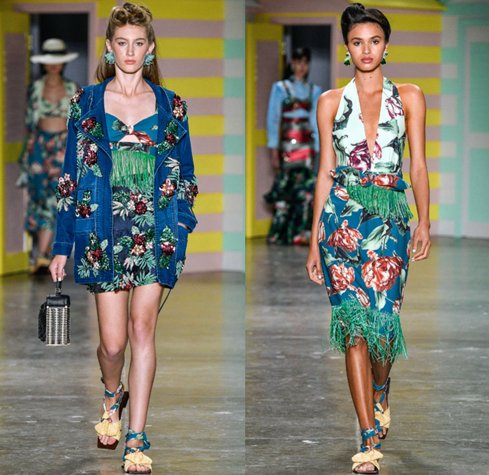 PatBo by Patricia Bonaldi 2018 Summer Womens Runway Catwalk Looks - São Paulo Fashion Week N44 Verão 2018 Brasil Southern Hemisphere Moda Desfiles - 1920s Twenties Beach Denim Jeans Robe Kimono Wrap Patches Tulips Flowers Floral Mushrooms Butterflies Birds Flying Fish Embroidery Coatdress Bomber Jacket Sweatshirt Sweater Fringes Tie Up Knot Ribbon Cross Halterneck Mesh Knit Crochet Lace Maxi Dress Gown Eveningwear Peplum One Shoulder Noodle Strap Velvet Jogger Sweatpants Plaid Check Stripes Satin Crop Top Pointed Shoulders Ruffles Swimsuit Bikini Top Boxy Canteen Handbag Sandals Wide Brim Hat Umbrella