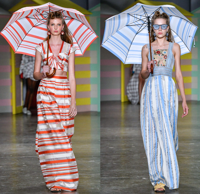 PatBo by Patricia Bonaldi 2018 Summer Womens Runway Catwalk Looks - São Paulo Fashion Week N44 Verão 2018 Brasil Southern Hemisphere Moda Desfiles - 1920s Twenties Beach Denim Jeans Robe Kimono Wrap Patches Tulips Flowers Floral Mushrooms Butterflies Birds Flying Fish Embroidery Coatdress Bomber Jacket Sweatshirt Sweater Fringes Tie Up Knot Ribbon Cross Halterneck Mesh Knit Crochet Lace Maxi Dress Gown Eveningwear Peplum One Shoulder Noodle Strap Velvet Jogger Sweatpants Plaid Check Stripes Satin Crop Top Pointed Shoulders Ruffles Swimsuit Bikini Top Boxy Canteen Handbag Sandals Wide Brim Hat Umbrella