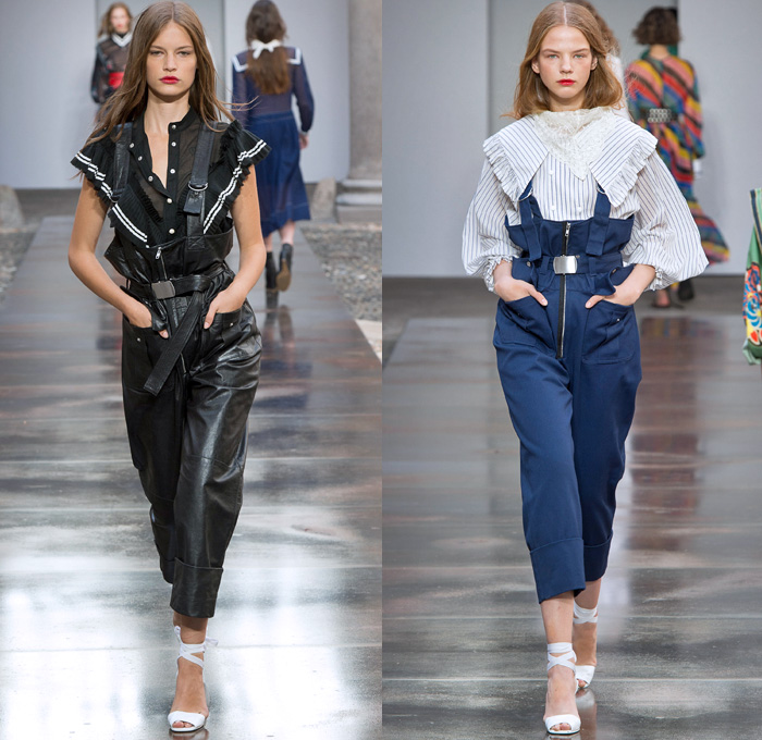 Philosophy Di Lorenzo Serafini 2018 Spring Summer Womens Runway Catwalk Looks - Milano Moda Donna Milan Fashion Week Italy - 1980s Tina Chow Flowers Floral Lace Sheer Tulle Ruffles Stripes Blouse Tweed Quilted Field Jacket Kimono Robe Onesie Jumpsuit Coveralls Bib Brace Dungarees Romper Swamp Pants Obi Sash Tie Up Waist Knot Cargo Pockets Shorts Sailor Collar Miniskirt Shirtdress Snap Buttons Tearaway Knit Cardigan Sweater Maxi Dress Pantsuit Studded Belt Gladiator Sandals Military Buckle Boots