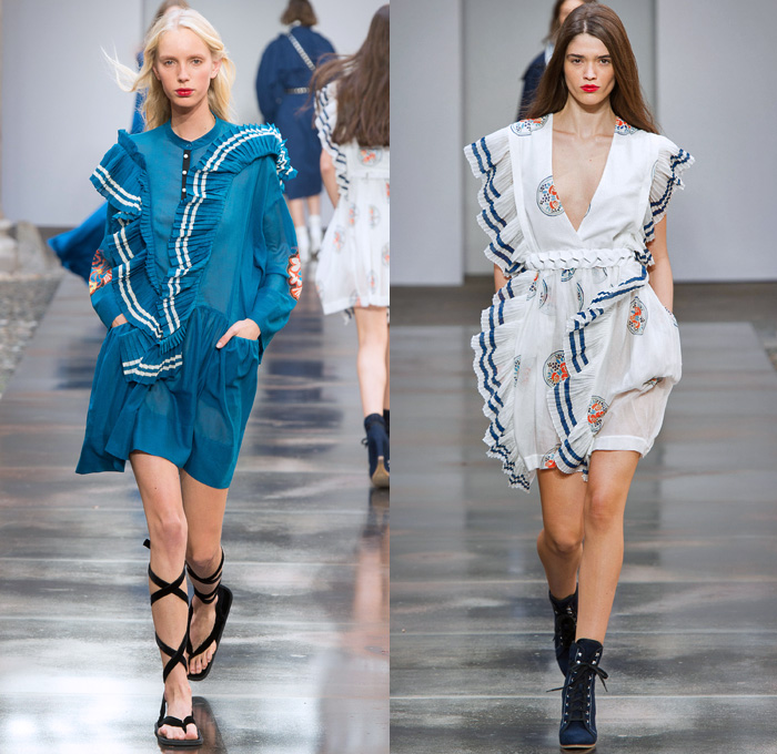 Philosophy Di Lorenzo Serafini 2018 Spring Summer Womens Runway Catwalk Looks - Milano Moda Donna Milan Fashion Week Italy - 1980s Tina Chow Flowers Floral Lace Sheer Tulle Ruffles Stripes Blouse Tweed Quilted Field Jacket Kimono Robe Onesie Jumpsuit Coveralls Bib Brace Dungarees Romper Swamp Pants Obi Sash Tie Up Waist Knot Cargo Pockets Shorts Sailor Collar Miniskirt Shirtdress Snap Buttons Tearaway Knit Cardigan Sweater Maxi Dress Pantsuit Studded Belt Gladiator Sandals Military Buckle Boots