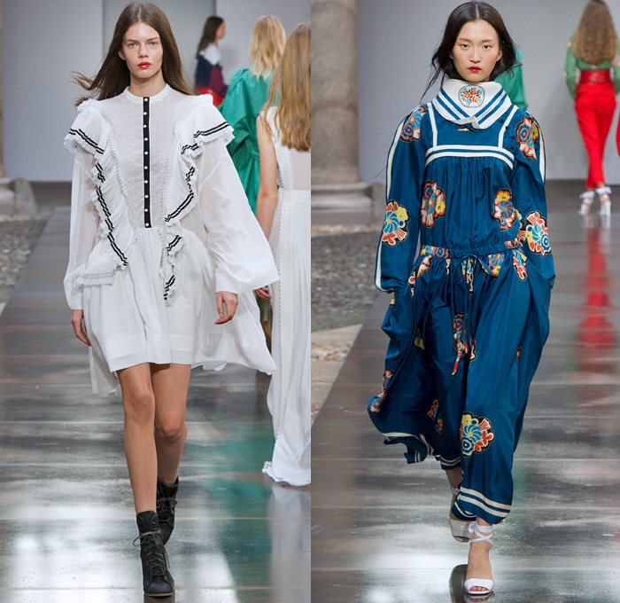 Philosophy Di Lorenzo Serafini 2018 Spring Summer Womens Runway Catwalk Looks - Milano Moda Donna Milan Fashion Week Italy - 1980s Tina Chow Flowers Floral Lace Sheer Tulle Ruffles Stripes Blouse Tweed Quilted Field Jacket Kimono Robe Onesie Jumpsuit Coveralls Bib Brace Dungarees Romper Swamp Pants Obi Sash Tie Up Waist Knot Cargo Pockets Shorts Sailor Collar Miniskirt Shirtdress Snap Buttons Tearaway Knit Cardigan Sweater Maxi Dress Pantsuit Studded Belt Gladiator Sandals Military Buckle Boots