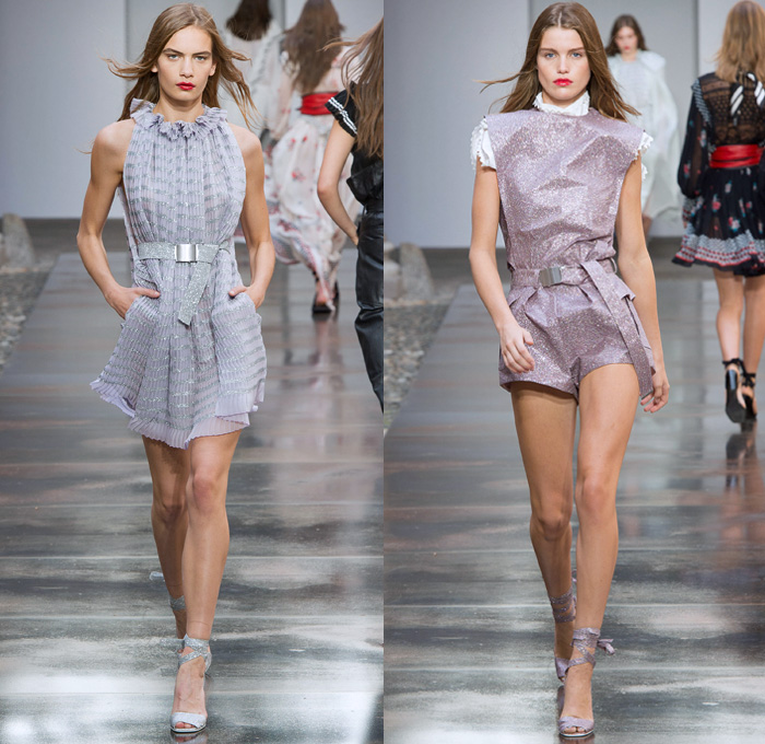 Philosophy Di Lorenzo Serafini 2018 Spring Summer Womens Runway Catwalk Looks - Milano Moda Donna Milan Fashion Week Italy - 1980s Tina Chow Flowers Floral Lace Sheer Tulle Ruffles Stripes Blouse Tweed Quilted Field Jacket Kimono Robe Onesie Jumpsuit Coveralls Bib Brace Dungarees Romper Swamp Pants Obi Sash Tie Up Waist Knot Cargo Pockets Shorts Sailor Collar Miniskirt Shirtdress Snap Buttons Tearaway Knit Cardigan Sweater Maxi Dress Pantsuit Studded Belt Gladiator Sandals Military Buckle Boots