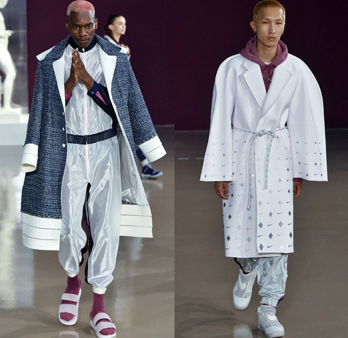 Pigalle 2018 Spring Summer Mens Runway Catwalk Looks - Mode à Paris Fashion Week Mode Masculine France - Nikelab Collab Exoskeleton Cage Wireframe Hexagon Futuristic Scultpural 3D Shape Sportswear Athleisure Gym Fitness Activewear Tracksuit Metallic Sheen Rope Winged Sides Baggy Loose Slouchy Embroidery Bedazzled Chain Logo Sheer Chiffon Organza Mesh Fishnet Nylon Tweed Folds Feathers Plastic Outerwear Jacket Blazer Overcoat Quilted Waffle Puffer Hanging Sleeve Robe Cloak Poncho Hood Sweatshirt MC Hammer Pants Jogger Sweatpants Shorts Snap Buttons Tearaway Pants Dolphin Hem Socks Sandals Trainers