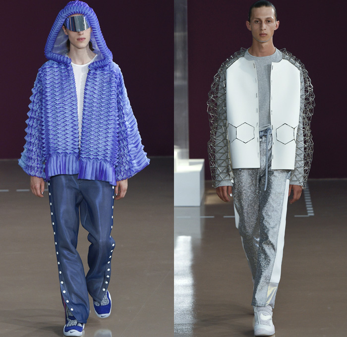 Pigalle 2018 Spring Summer Mens Runway Catwalk Looks - Mode à Paris Fashion Week Mode Masculine France - Nikelab Collab Exoskeleton Cage Wireframe Hexagon Futuristic Scultpural 3D Shape Sportswear Athleisure Gym Fitness Activewear Tracksuit Metallic Sheen Rope Winged Sides Baggy Loose Slouchy Embroidery Bedazzled Chain Logo Sheer Chiffon Organza Mesh Fishnet Nylon Tweed Folds Feathers Plastic Outerwear Jacket Blazer Overcoat Quilted Waffle Puffer Hanging Sleeve Robe Cloak Poncho Hood Sweatshirt MC Hammer Pants Jogger Sweatpants Shorts Snap Buttons Tearaway Pants Dolphin Hem Socks Sandals Trainers