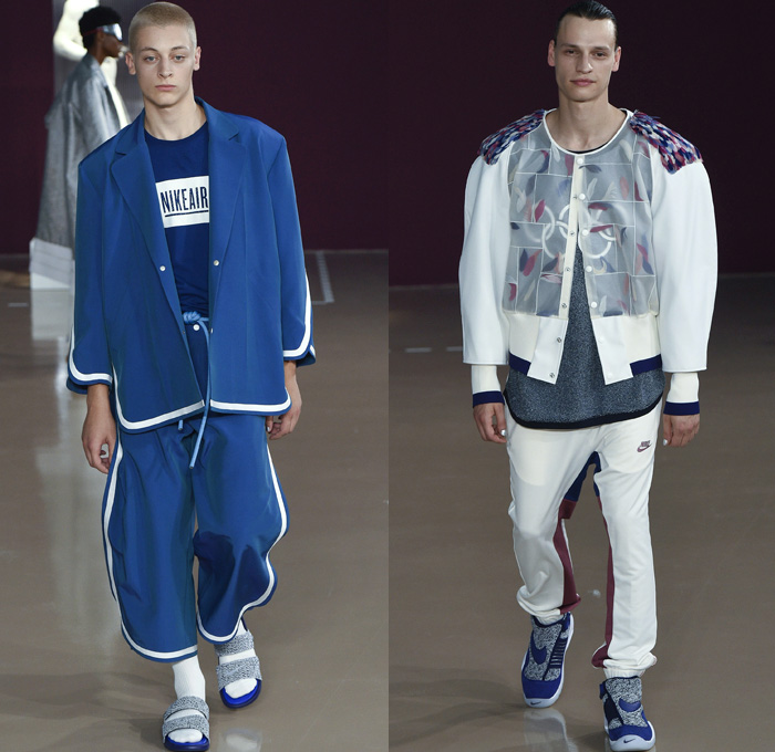 Pigalle 2018 Spring Summer Mens Runway Catwalk Looks - Mode à Paris Fashion Week Mode Masculine France - Nikelab Collab Exoskeleton Cage Wireframe Hexagon Futuristic Scultpural 3D Shape Sportswear Athleisure Gym Fitness Activewear Tracksuit Metallic Sheen Rope Winged Sides Baggy Loose Slouchy Embroidery Bedazzled Chain Logo Sheer Chiffon Organza Mesh Fishnet Nylon Tweed Folds Feathers Plastic Outerwear Jacket Blazer Overcoat Quilted Waffle Puffer Hanging Sleeve Robe Cloak Poncho Hood Sweatshirt MC Hammer Pants Jogger Sweatpants Shorts Snap Buttons Tearaway Pants Dolphin Hem Socks Sandals Trainers