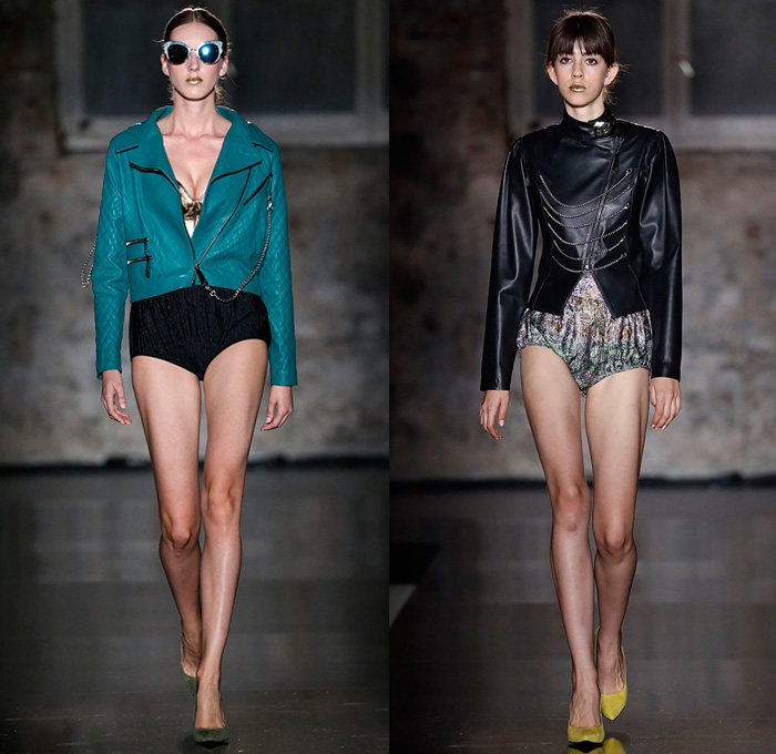 Pilar del Campo 2018 Spring Summer Womens Runway Catwalk Looks - 080 Barcelona Fashion Catalonia Catalan Spain - Nouveau Catalan Modernism Motorcycle Biker Rider Leather Moto Jacket Outerwear Wide Lapel Velour Velvet Grommets Eyelets Metal Rings Embroidery Embellishments Adornments Decorated Metallic Spikes Quilted Waffle Destroyed Destructed Ripped Threads Suede Fringes Mesh Perforated Cinch Balloon Sleeves Strapless Bustier Crop Top Midriff Bell Sleeves Robe Cutout Shoulders Shirtdress Lace Up Corset Shorts Hotpants Paper Bag Waist Straps Stockings Tights Fishnet Heels Pumps Chain Sunglasses Polka Dots Octagon Umbrella