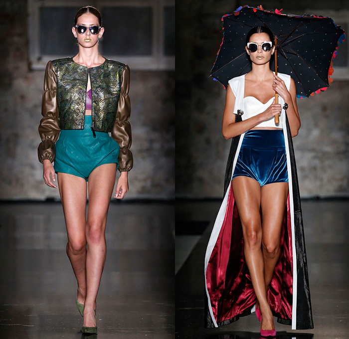 Pilar del Campo 2018 Spring Summer Womens Runway Catwalk Looks - 080 Barcelona Fashion Catalonia Catalan Spain - Nouveau Catalan Modernism Motorcycle Biker Rider Leather Moto Jacket Outerwear Wide Lapel Velour Velvet Grommets Eyelets Metal Rings Embroidery Embellishments Adornments Decorated Metallic Spikes Quilted Waffle Destroyed Destructed Ripped Threads Suede Fringes Mesh Perforated Cinch Balloon Sleeves Strapless Bustier Crop Top Midriff Bell Sleeves Robe Cutout Shoulders Shirtdress Lace Up Corset Shorts Hotpants Paper Bag Waist Straps Stockings Tights Fishnet Heels Pumps Chain Sunglasses Polka Dots Octagon Umbrella