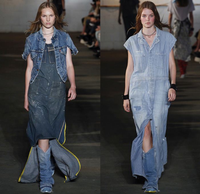 R13 2018 Spring Summer Womens Runway Catwalk Looks - New York Fashion Week NYFW - Murica Trucker Hat Americana Blue Collar Workwear Cowgirl Boots Bandanas Apron Mechanic Blouse Vest Layers Dress Metallic Plaid Check Halterneck Flowers Floral Leaves Foliage Sleepwear Pajamas Loungewear Quilted Puffer Leopard Plush Fur Shearling Skirt Frock Wool Repurposed Denim Jeans Cargo Pockets Mullet Hem Shirtdress Railroad Stripes Graffiti Bib Brace Blouse Shirt Motorcycle Biker Cuffs Big Buckle Belt