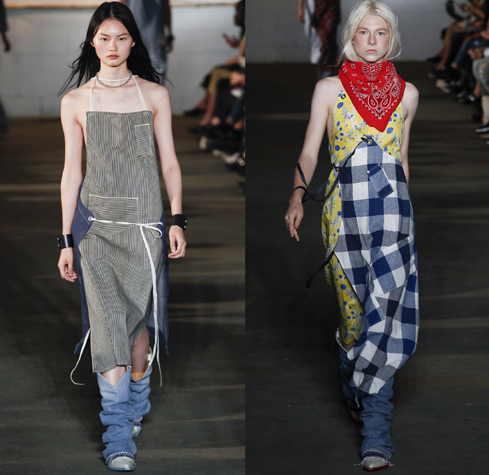 R13 2018 Spring Summer Womens Runway Catwalk Looks - New York Fashion Week NYFW - Murica Trucker Hat Americana Blue Collar Workwear Cowgirl Boots Bandanas Apron Mechanic Blouse Vest Layers Dress Metallic Plaid Check Halterneck Flowers Floral Leaves Foliage Sleepwear Pajamas Loungewear Quilted Puffer Leopard Plush Fur Shearling Skirt Frock Wool Repurposed Denim Jeans Cargo Pockets Mullet Hem Shirtdress Railroad Stripes Graffiti Bib Brace Blouse Shirt Motorcycle Biker Cuffs Big Buckle Belt