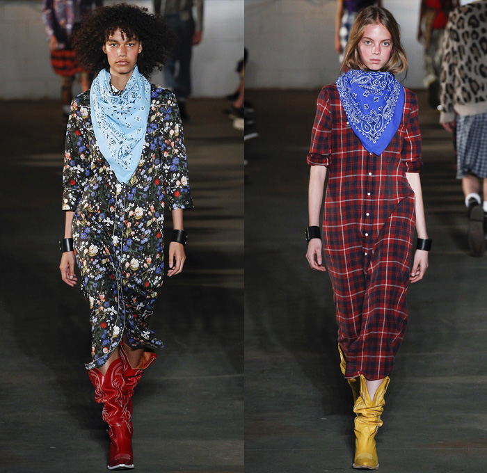 R13 2018 Spring Summer Womens Runway Catwalk Looks - New York Fashion Week NYFW - Murica Trucker Hat Americana Blue Collar Workwear Cowgirl Boots Bandanas Apron Mechanic Blouse Vest Layers Dress Metallic Plaid Check Halterneck Flowers Floral Leaves Foliage Sleepwear Pajamas Loungewear Quilted Puffer Leopard Plush Fur Shearling Skirt Frock Wool Repurposed Denim Jeans Cargo Pockets Mullet Hem Shirtdress Railroad Stripes Graffiti Bib Brace Blouse Shirt Motorcycle Biker Cuffs Big Buckle Belt