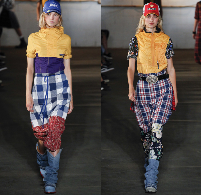 R13 2018 Spring Summer Womens Runway Catwalk Looks - New York Fashion Week NYFW - Murica Trucker Hat Americana Blue Collar Workwear Cowgirl Boots Bandanas Apron Mechanic Blouse Vest Layers Dress Metallic Plaid Check Halterneck Flowers Floral Leaves Foliage Sleepwear Pajamas Loungewear Quilted Puffer Leopard Plush Fur Shearling Skirt Frock Wool Repurposed Denim Jeans Cargo Pockets Mullet Hem Shirtdress Railroad Stripes Graffiti Bib Brace Blouse Shirt Motorcycle Biker Cuffs Big Buckle Belt