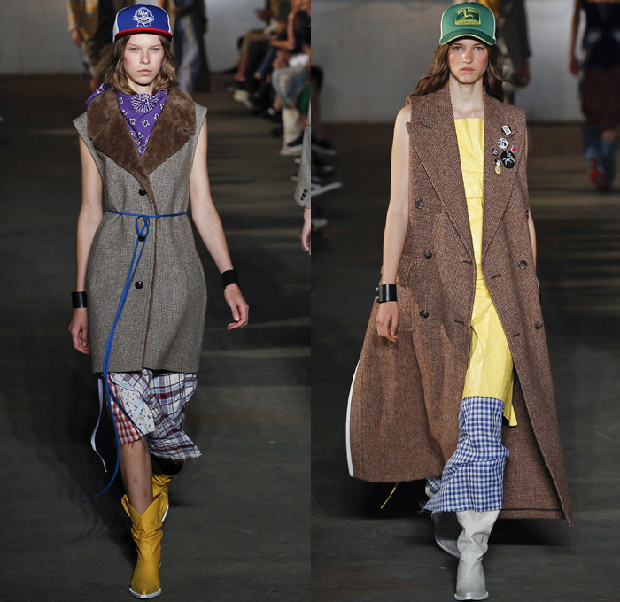 R13 2018 Spring Summer Womens Runway Catwalk Looks - New York Fashion Week NYFW - Murica Trucker Hat Americana Blue Collar Workwear Cowgirl Boots Bandanas Apron Mechanic Blouse Vest Layers Dress Metallic Plaid Check Halterneck Flowers Floral Leaves Foliage Sleepwear Pajamas Loungewear Quilted Puffer Leopard Plush Fur Shearling Skirt Frock Wool Repurposed Denim Jeans Cargo Pockets Mullet Hem Shirtdress Railroad Stripes Graffiti Bib Brace Blouse Shirt Motorcycle Biker Cuffs Big Buckle Belt