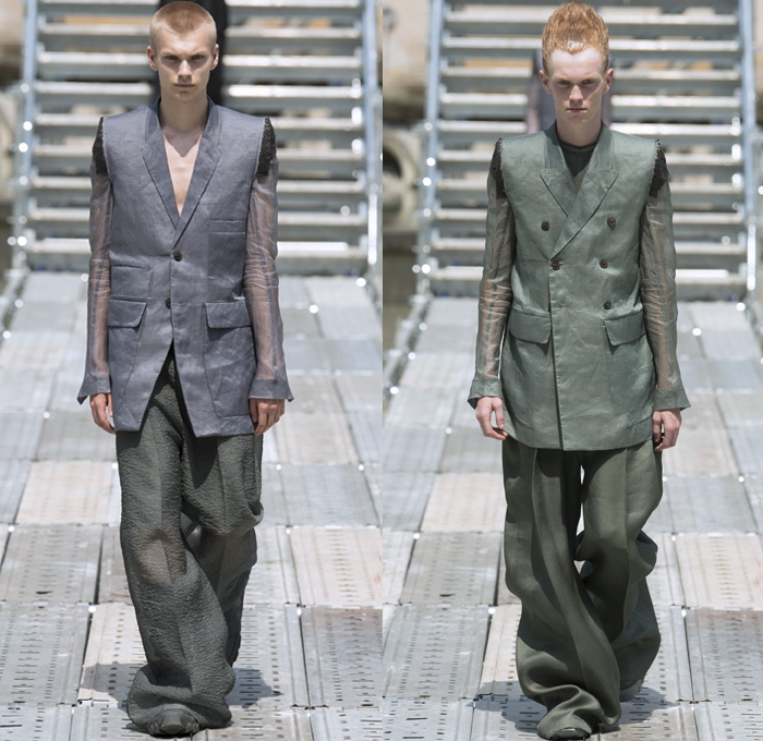 Rick Owens 2018 Spring Summer Mens Runway Catwalk Looks - Mode à Paris Fashion Week Mode Masculine France - Dirt Outerwear Parka Suit Blazer Double-Breasted Jacket Sleeveless Vest Waistcoat Frayed Raw Hem Crop Top Midriff Silk Sheer Nylon Sack Draped Hybrid Combo Panel Wrinkled Tie Up Perforated Twisted Shorts Baggy Wide Leg Trousers High Waist Palazzo Pants Combat Boots Straps Harness Drawstring Grosgrain D-Ring Cargo Pouch Thigh Bag Sling Fanny Pack Belt Bag Leather Braid