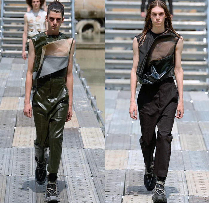 Rick Owens 2018 Spring Summer Mens Runway Catwalk Looks - Mode à Paris Fashion Week Mode Masculine France - Dirt Outerwear Parka Suit Blazer Double-Breasted Jacket Sleeveless Vest Waistcoat Frayed Raw Hem Crop Top Midriff Silk Sheer Nylon Sack Draped Hybrid Combo Panel Wrinkled Tie Up Perforated Twisted Shorts Baggy Wide Leg Trousers High Waist Palazzo Pants Combat Boots Straps Harness Drawstring Grosgrain D-Ring Cargo Pouch Thigh Bag Sling Fanny Pack Belt Bag Leather Braid