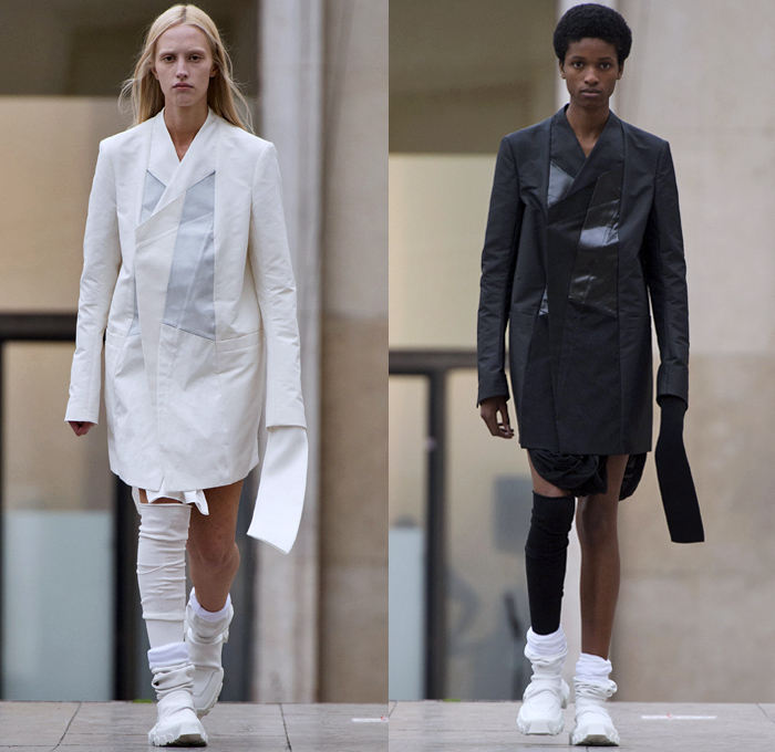 Rick Owens 2018 Spring Summer Womens Runway Catwalk Looks - Mode à Paris Fashion Week Mode Féminin France - Dirt Dimensional Structural Organic Shape Sculptural Futuristic Pillow Wrap Cocoon Stuffed Outerwear Coat Blazerdress Hanging Sleeve Cape Shawl Blanket Holes Wrap Drapery Leather Peel Away Angular Pointed Tie Up Metallic Sheen Strapless Dress Gown Blouse Skirt Pleats Sleeveless One Shoulder Duffeldress Shorts Sneakers Sandals Warmers Asymmetrical Fanny Pack Waist Pouch Belt Bag