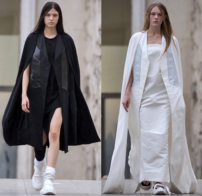 Rick Owens 2018 Spring Summer Womens Runway Catwalk Looks - Mode à Paris Fashion Week Mode Féminin France - Dirt Dimensional Structural Organic Shape Sculptural Futuristic Pillow Wrap Cocoon Stuffed Outerwear Coat Blazerdress Hanging Sleeve Cape Shawl Blanket Holes Wrap Drapery Leather Peel Away Angular Pointed Tie Up Metallic Sheen Strapless Dress Gown Blouse Skirt Pleats Sleeveless One Shoulder Duffeldress Shorts Sneakers Sandals Warmers Asymmetrical Fanny Pack Waist Pouch Belt Bag