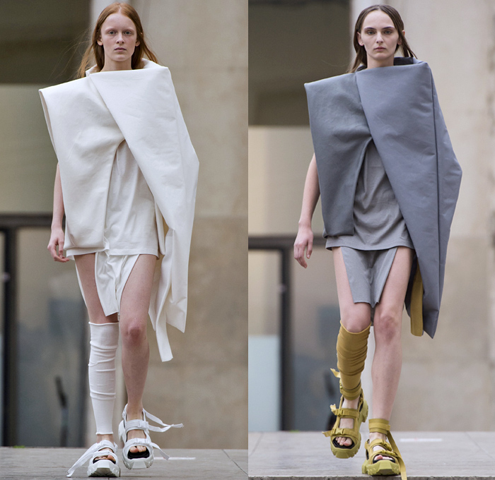 Rick Owens 2018 Spring Summer Womens Runway Catwalk Looks - Mode à Paris Fashion Week Mode Féminin France - Dirt Dimensional Structural Organic Shape Sculptural Futuristic Pillow Wrap Cocoon Stuffed Outerwear Coat Blazerdress Hanging Sleeve Cape Shawl Blanket Holes Wrap Drapery Leather Peel Away Angular Pointed Tie Up Metallic Sheen Strapless Dress Gown Blouse Skirt Pleats Sleeveless One Shoulder Duffeldress Shorts Sneakers Sandals Warmers Asymmetrical Fanny Pack Waist Pouch Belt Bag