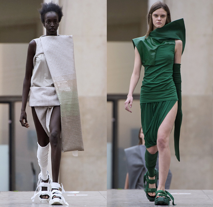 Rick Owens 2018 Spring Summer Womens Runway Catwalk Looks - Mode à Paris Fashion Week Mode Féminin France - Dirt Dimensional Structural Organic Shape Sculptural Futuristic Pillow Wrap Cocoon Stuffed Outerwear Coat Blazerdress Hanging Sleeve Cape Shawl Blanket Holes Wrap Drapery Leather Peel Away Angular Pointed Tie Up Metallic Sheen Strapless Dress Gown Blouse Skirt Pleats Sleeveless One Shoulder Duffeldress Shorts Sneakers Sandals Warmers Asymmetrical Fanny Pack Waist Pouch Belt Bag