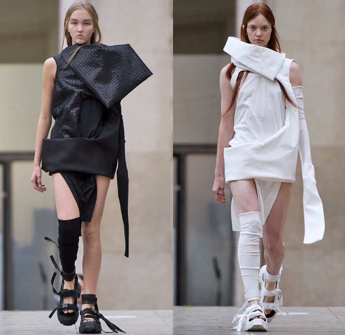 Rick Owens 2018 Spring Summer Womens Runway Catwalk Looks - Mode à Paris Fashion Week Mode Féminin France - Dirt Dimensional Structural Organic Shape Sculptural Futuristic Pillow Wrap Cocoon Stuffed Outerwear Coat Blazerdress Hanging Sleeve Cape Shawl Blanket Holes Wrap Drapery Leather Peel Away Angular Pointed Tie Up Metallic Sheen Strapless Dress Gown Blouse Skirt Pleats Sleeveless One Shoulder Duffeldress Shorts Sneakers Sandals Warmers Asymmetrical Fanny Pack Waist Pouch Belt Bag