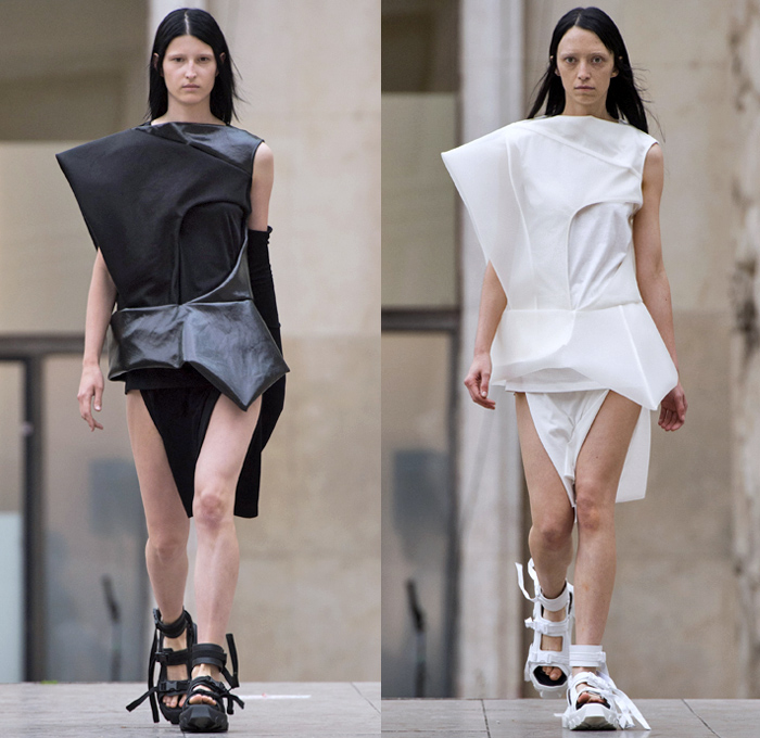 Rick Owens 2018 Spring Summer Womens Runway Catwalk Looks - Mode à Paris Fashion Week Mode Féminin France - Dirt Dimensional Structural Organic Shape Sculptural Futuristic Pillow Wrap Cocoon Stuffed Outerwear Coat Blazerdress Hanging Sleeve Cape Shawl Blanket Holes Wrap Drapery Leather Peel Away Angular Pointed Tie Up Metallic Sheen Strapless Dress Gown Blouse Skirt Pleats Sleeveless One Shoulder Duffeldress Shorts Sneakers Sandals Warmers Asymmetrical Fanny Pack Waist Pouch Belt Bag