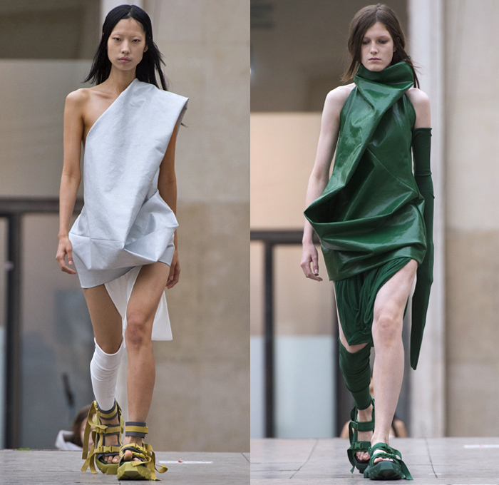 Rick Owens 2018 Spring Summer Womens Runway Catwalk Looks - Mode à Paris Fashion Week Mode Féminin France - Dirt Dimensional Structural Organic Shape Sculptural Futuristic Pillow Wrap Cocoon Stuffed Outerwear Coat Blazerdress Hanging Sleeve Cape Shawl Blanket Holes Wrap Drapery Leather Peel Away Angular Pointed Tie Up Metallic Sheen Strapless Dress Gown Blouse Skirt Pleats Sleeveless One Shoulder Duffeldress Shorts Sneakers Sandals Warmers Asymmetrical Fanny Pack Waist Pouch Belt Bag