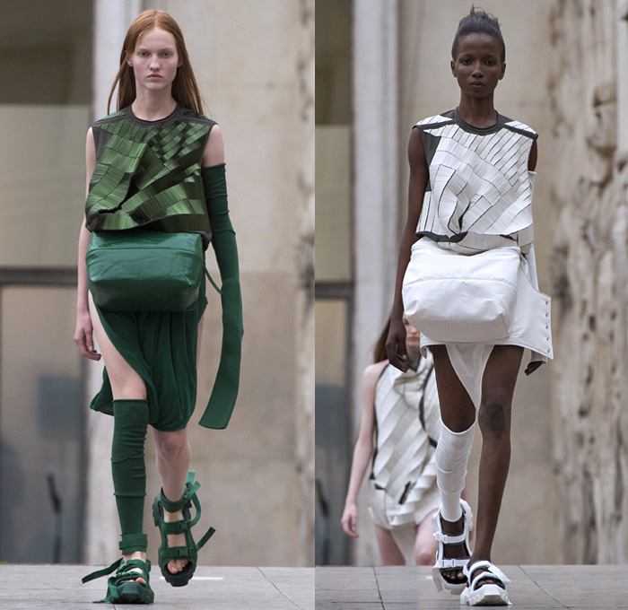 Rick Owens 2018 Spring Summer Womens Runway Catwalk Looks - Mode à Paris Fashion Week Mode Féminin France - Dirt Dimensional Structural Organic Shape Sculptural Futuristic Pillow Wrap Cocoon Stuffed Outerwear Coat Blazerdress Hanging Sleeve Cape Shawl Blanket Holes Wrap Drapery Leather Peel Away Angular Pointed Tie Up Metallic Sheen Strapless Dress Gown Blouse Skirt Pleats Sleeveless One Shoulder Duffeldress Shorts Sneakers Sandals Warmers Asymmetrical Fanny Pack Waist Pouch Belt Bag