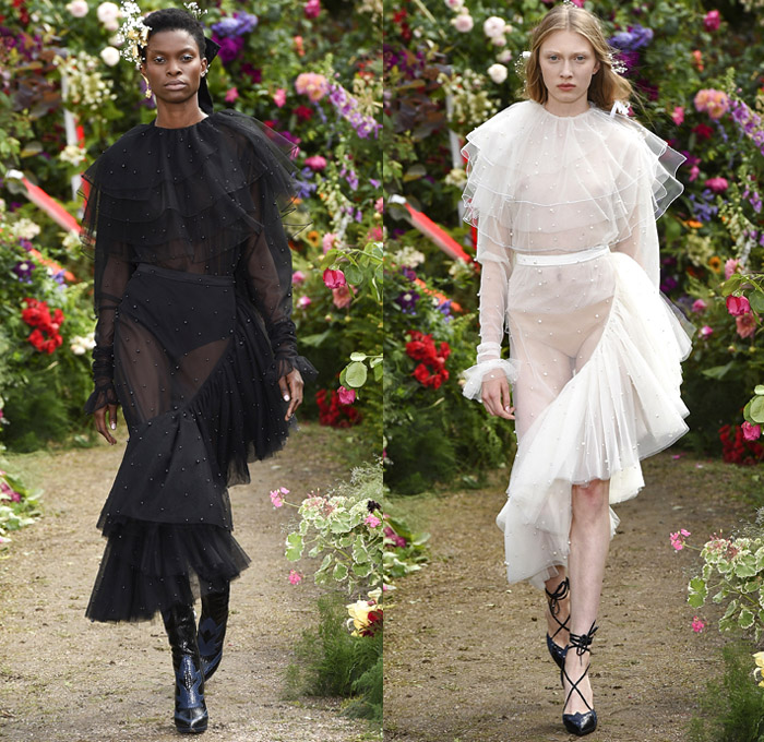 Rodarte 2018 Spring Summer Womens Runway Catwalk Looks Paris France - Motorcycle Biker Rider Leather Racer Moto Jacket Crop Top Midriff Quilted Waffle Panels Pearls Caviar Beads Ostrich Feathers Polka Dots Pastels Baby’s Breath Flowers Floral Leaves Foliage Botanical Print Graphic Embroidery Embellishments Adornments Decorated Appliqués Bedazzled Metallic Studs Sequins Knot Ribbon Belt Sheer Chiffon Organza Tulle Frills Ruche Flounce Neck Ruffles Strapless Open Shoulders Maxi Dress Goddess Gown Eveningwear Tiered Cape Asymmetrical Hem Skirt Frock Fringes Knit Mesh Furry Cowgirl Western Boots